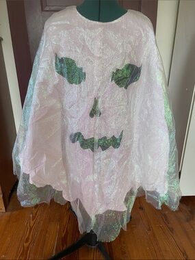 Iridescent Ghost Halloween Poncho - White with Black Face